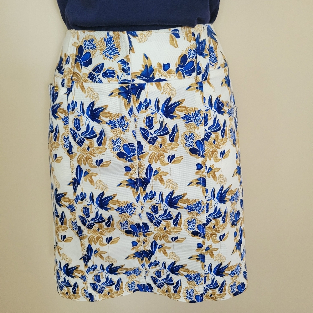 Etcetera Blue and Tan Floral Print Denim Like Pencil Skirt